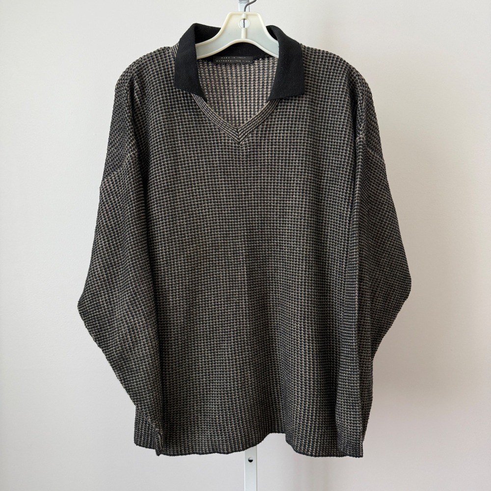 VTG Y2K Metropolitan View XL Polo‎ Sweater Made in Italy Houndstooth Knit Vneck